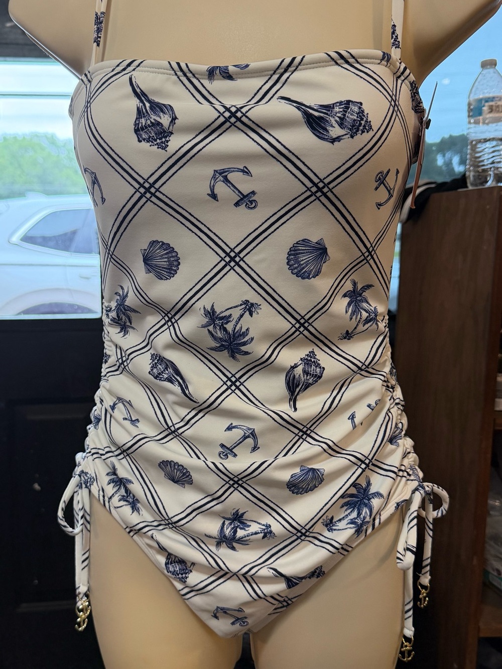 Shade & Shore Shell Print Anchor Charm M-Coverage One Piece Swimsuit Blue/White